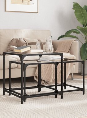 VidaXL 2-delige Tafeltjesset met transparant glazen blad staal