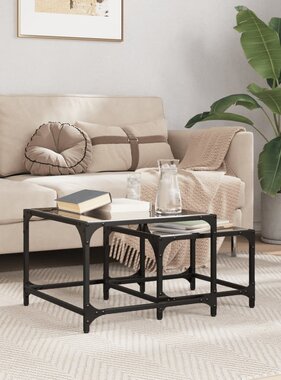 VidaXL 2-delige Tafeltjesset met zwart glazen blad staal