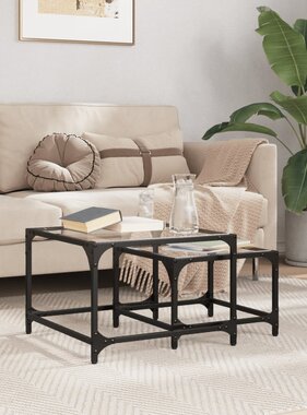 VidaXL 2-delige Tafeltjesset met transparant glazen blad staal