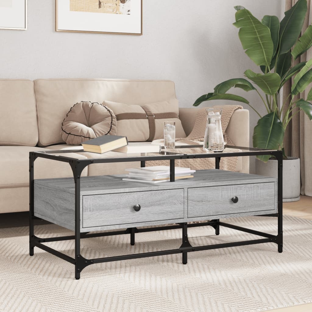 VidaXL Salontafel met glazen blad 98,5x50x45 cm staal