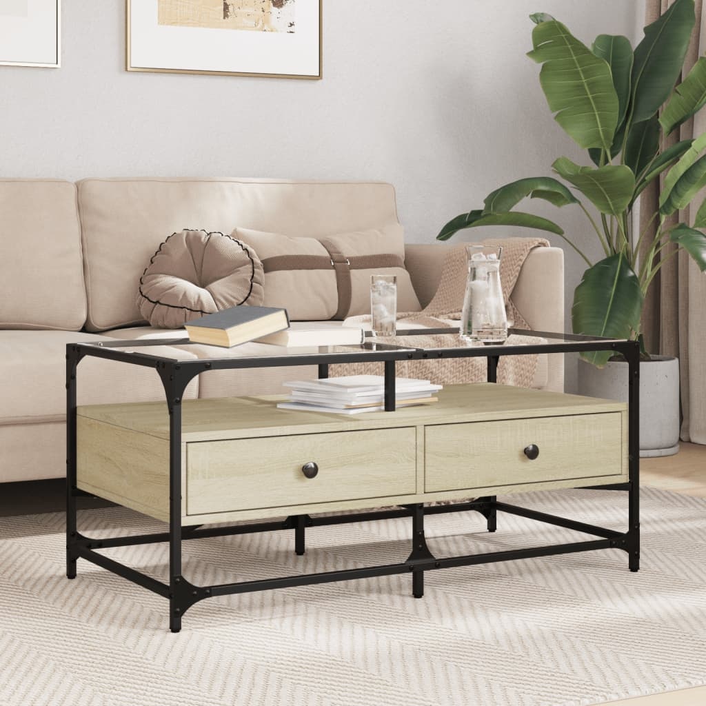 VidaXL Salontafel met glazen blad 98,5x50x45 cm sonoma eiken staal