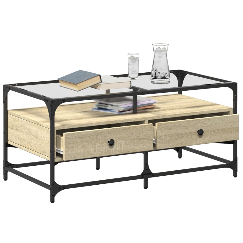 VidaXL Salontafel met glazen blad 98,5x50x45 cm sonoma eiken staal