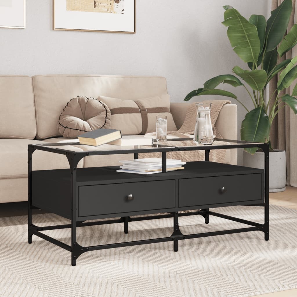 VidaXL Salontafel met zwart glazen blad 98,5x50x45 cm staal