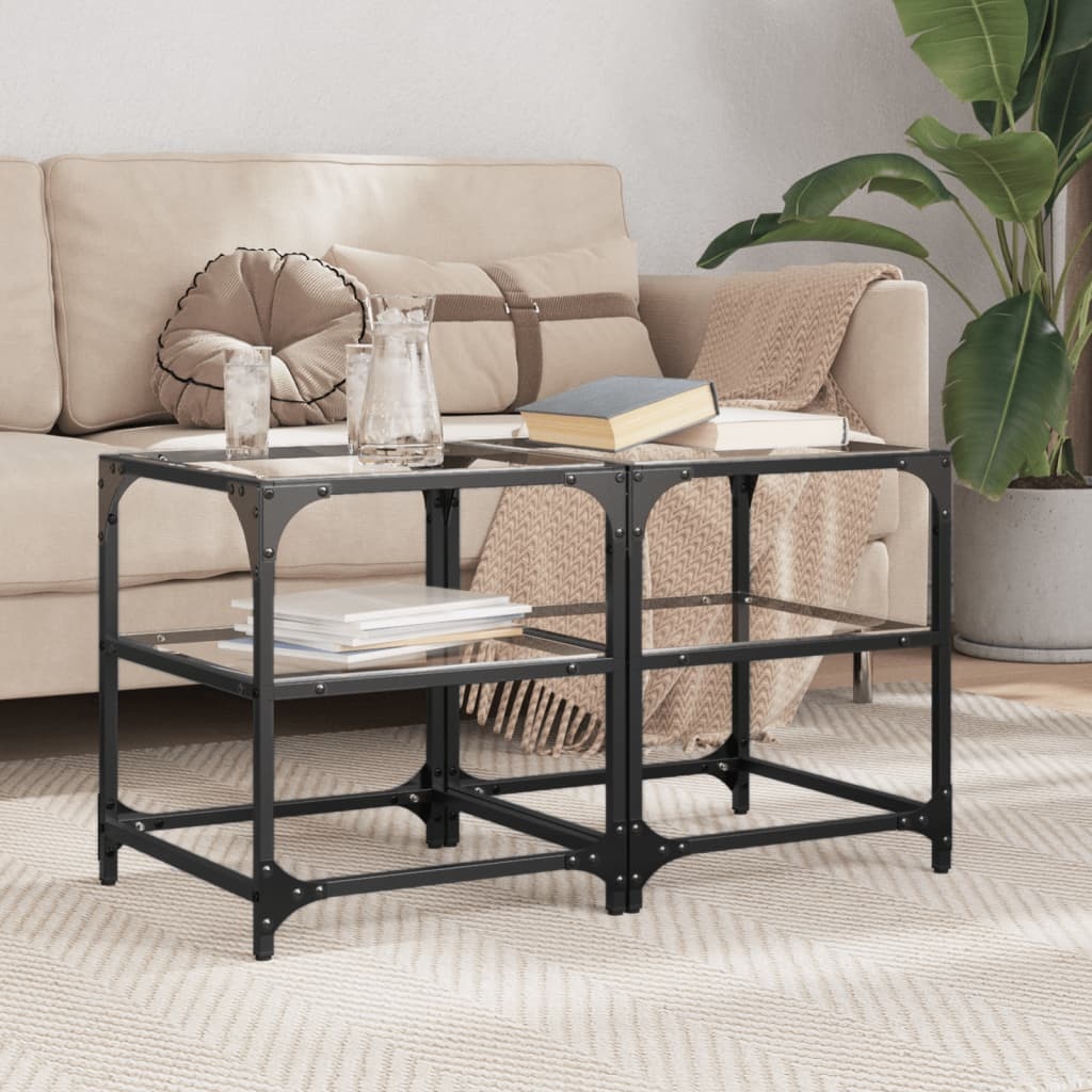 VidaXL Salontafels 2 st met transparant glazen blad 40x40x45 cm staal