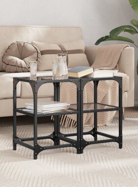 VidaXL Salontafels 2 st met zwart glazen blad 30x30x45 cm staal