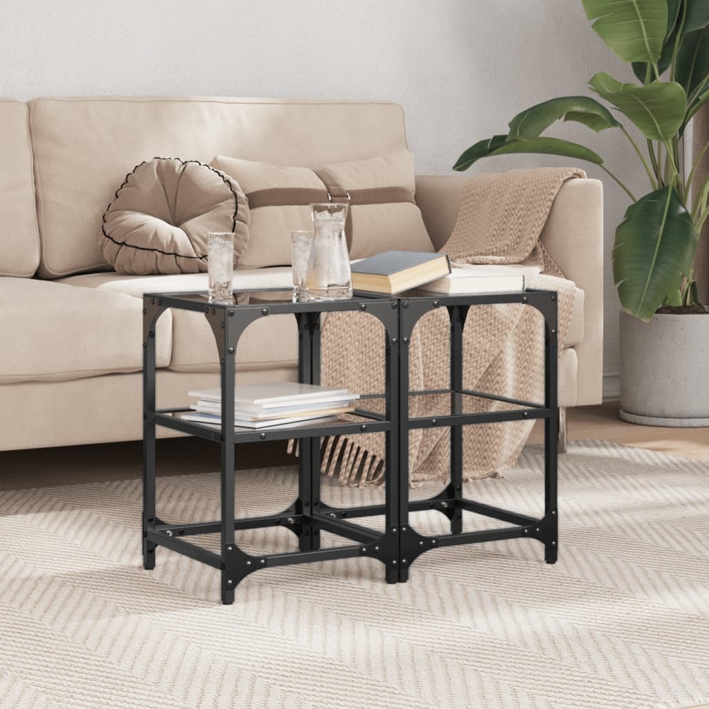 VidaXL Salontafels 2 st met zwart glazen blad 30x30x45 cm staal