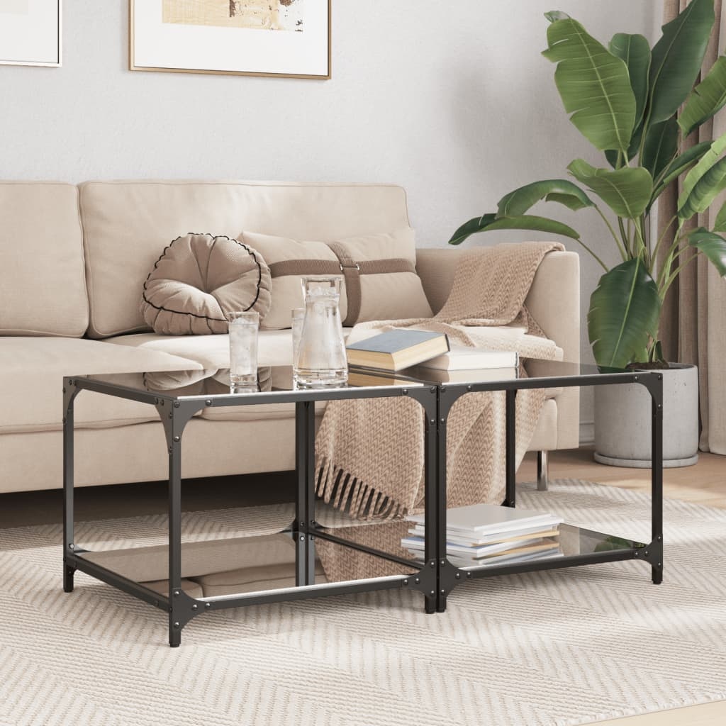 VidaXL Salontafels 2 st met zwart glazen blad 50x50x40 cm staal