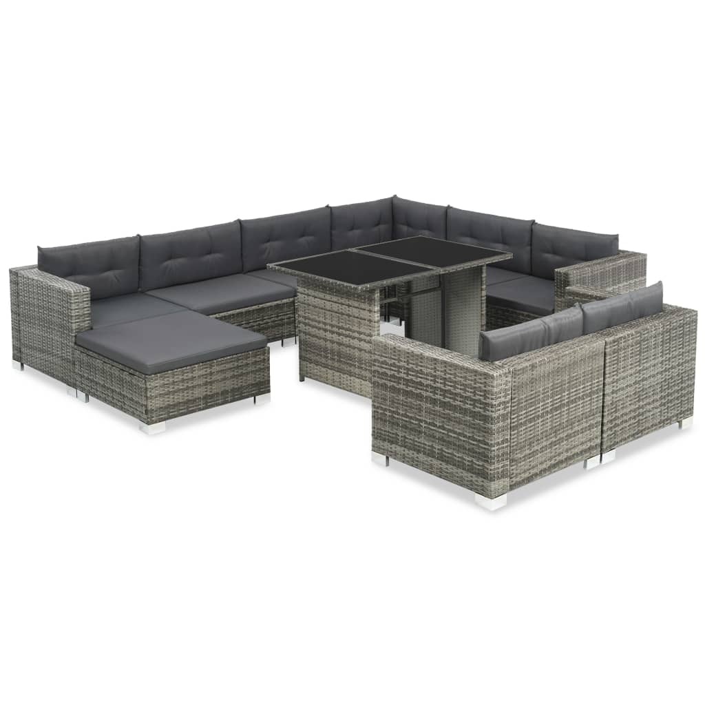 VidaXL 10-delige Loungeset met kussens poly rattan grijs