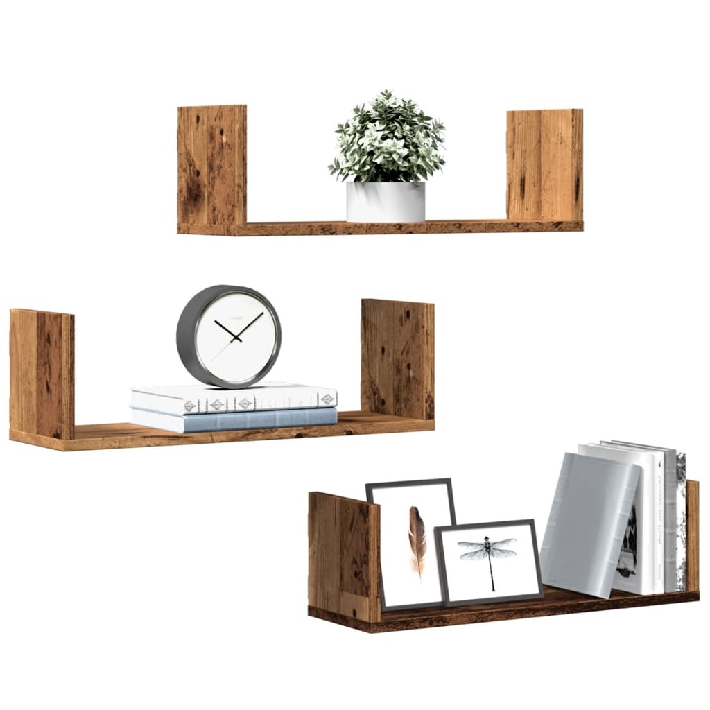 VidaXL Wandschappen 3 st 58x18x18 cm bewerkt hout oud houtkleurig