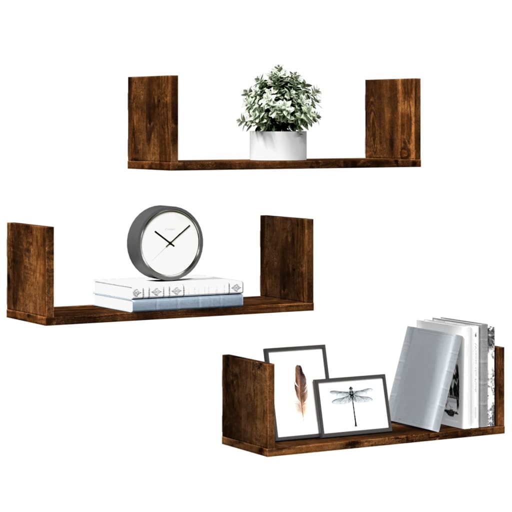 VidaXL Wandschappen 3 st 58x18x18 cm bewerkt hout gerookt eikenkleurig