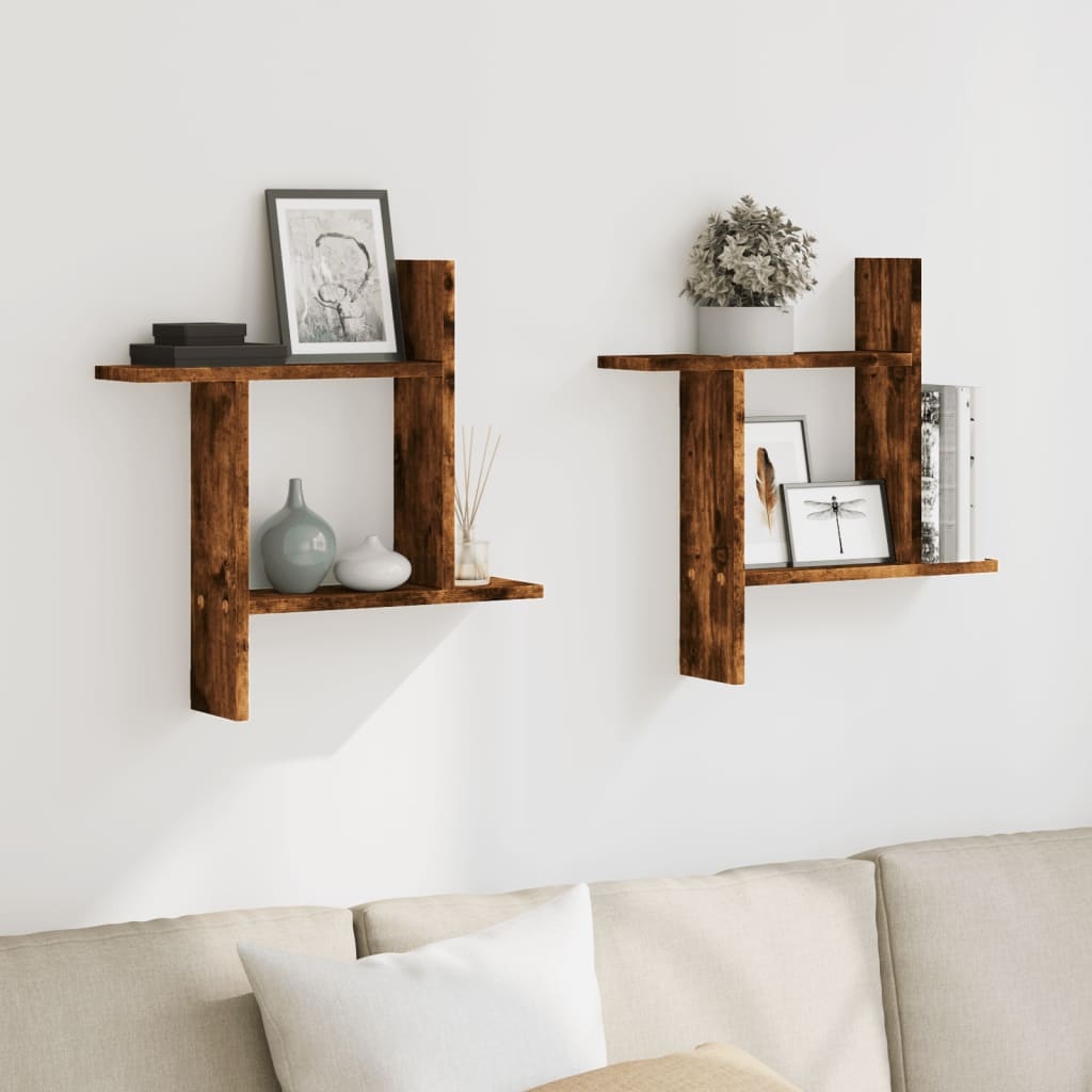 VidaXL Wandschappen 2 st 50x12x50 cm bewerkt hout gerookt eikenkleurig