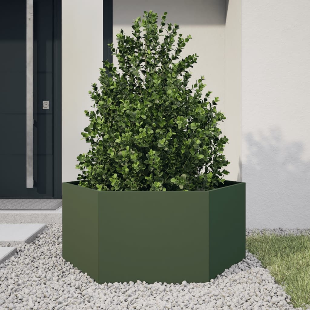 VidaXL Plantenbak zeshoek 104x90x45 cm staal olijfgroen