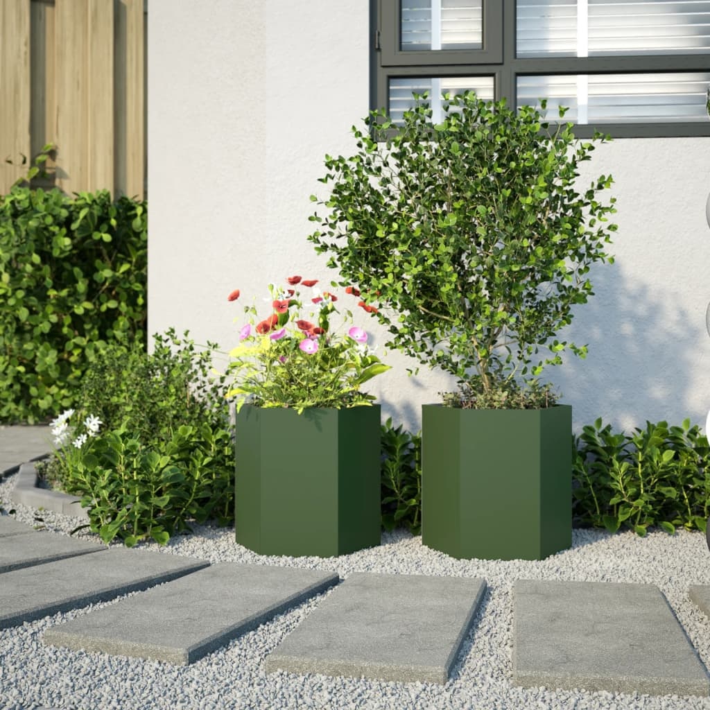VidaXL Plantenbakken 2 st zeshoek 46x40x45 cm staal olijfgroen