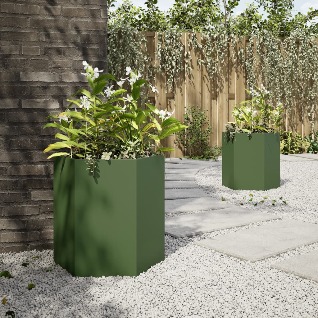 VidaXL Plantenbakken 2 st zeshoek 46x40x45 cm staal olijfgroen