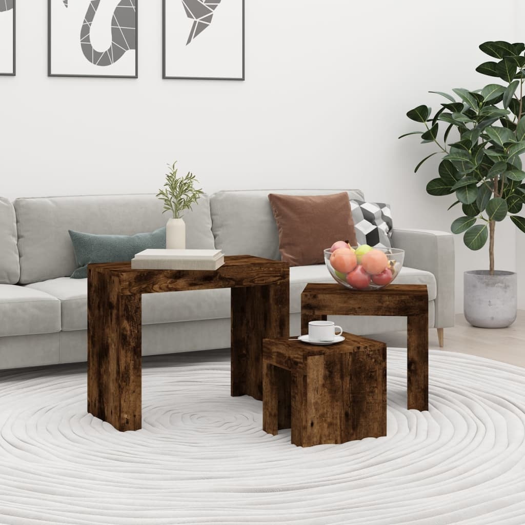 VidaXL 3-delige Tafeltjesset bewerkt hout gerookt eikenkleurig