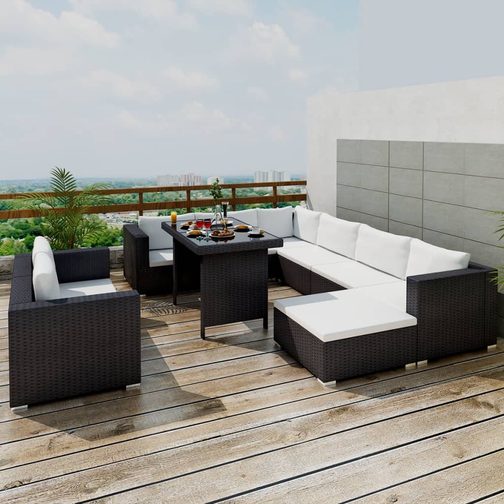 VidaXL 10-delige Loungeset met kussens poly rattan zwart