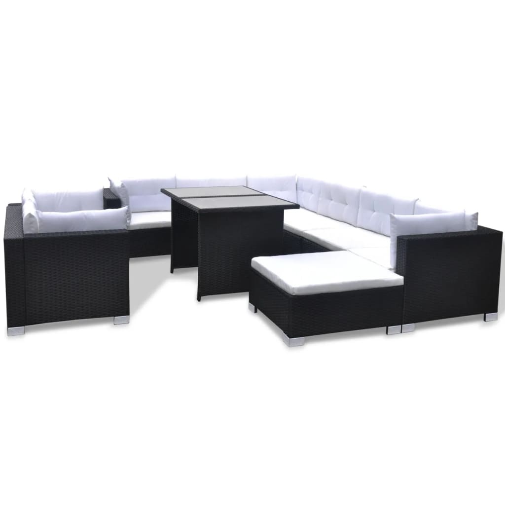 VidaXL 10-delige Loungeset met kussens poly rattan zwart