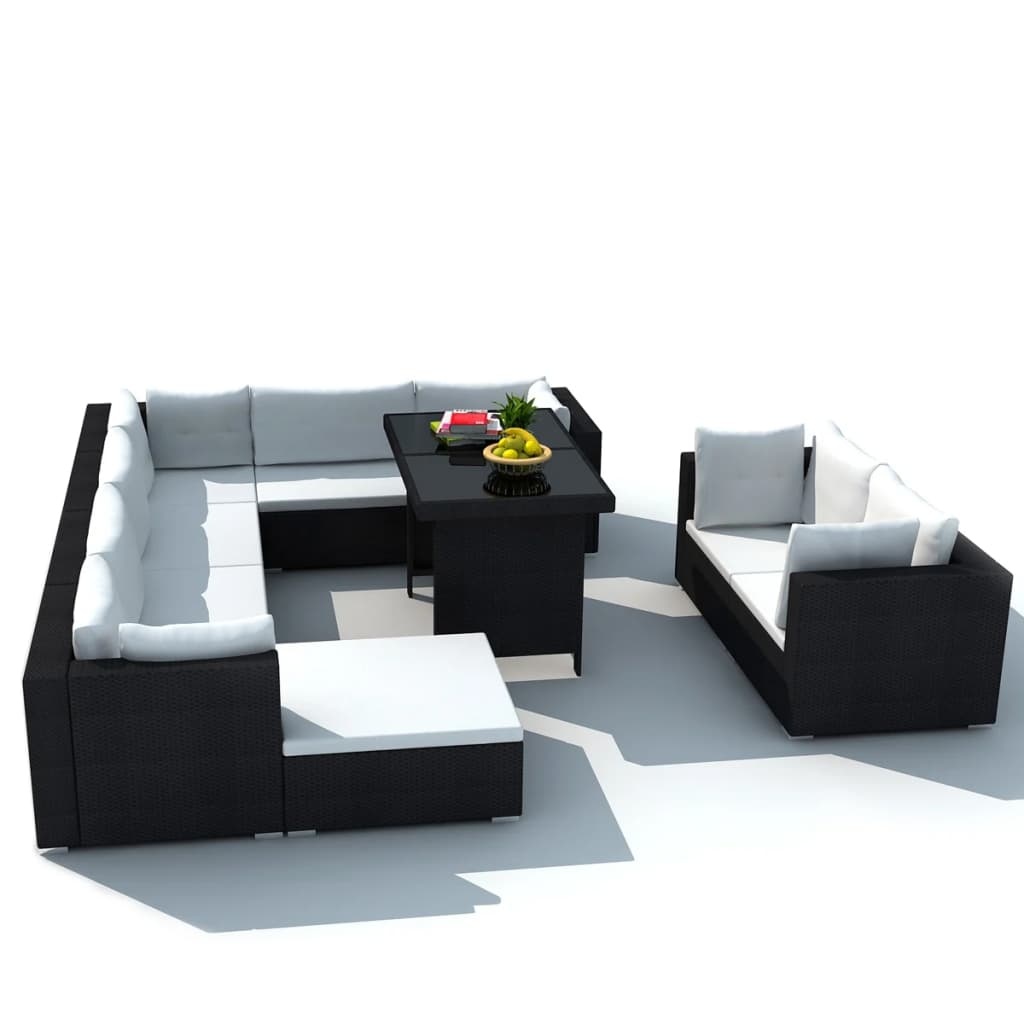 VidaXL 10-delige Loungeset met kussens poly rattan zwart
