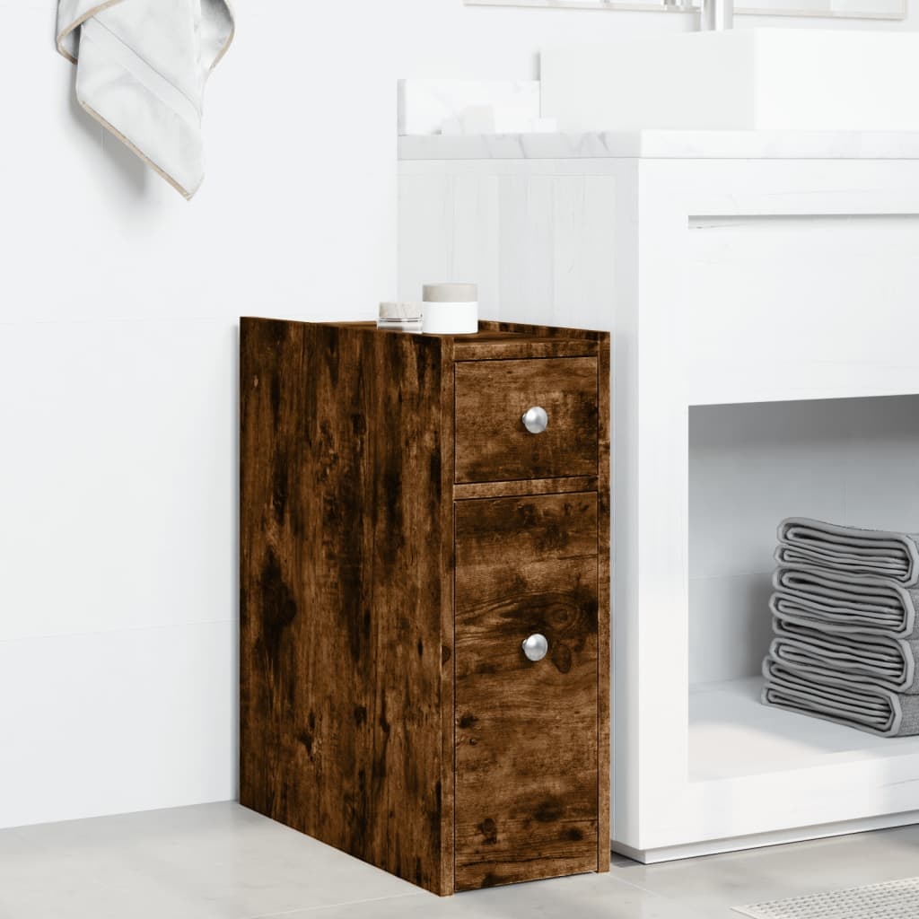 VidaXL Badkamerkast smal met wielen bewerkt hout gerookt eikenkleurig