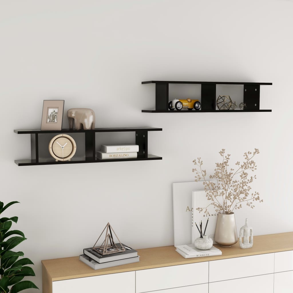 VidaXL Wandschappen 2 st 90x18x20 cm bewerkt hout zwart
