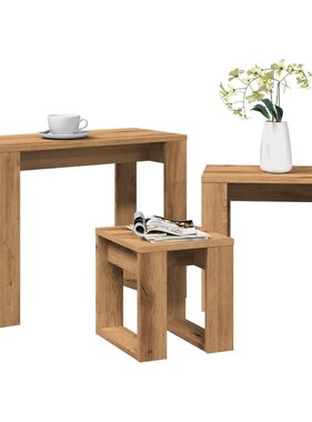 vidaXL 3-delige Bijzettafelset bewerkt hout artisanaal eikenkleur