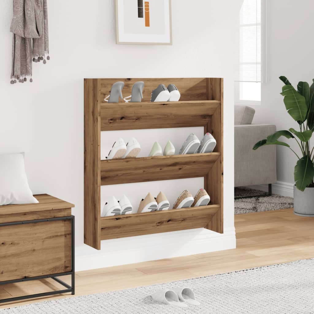 vidaXL Wandschoenenkast 80x18x90 cm bewerkt hout artisanaal eikenkleur