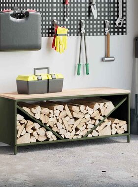 VidaXL Brandhoutrek met houten blad olijfgroen 100,5x35,5x40 cm