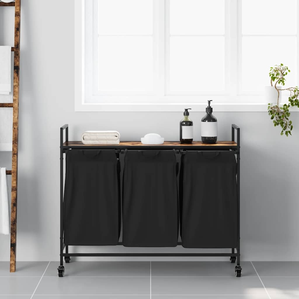 VidaXL Wasmand 3 vakken met planken gerookt eikenkleurig