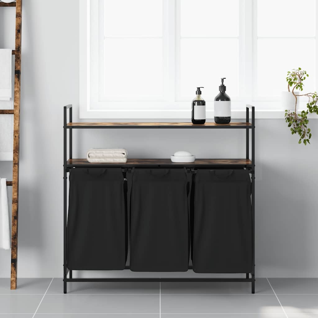 VidaXL Wasmand 3 vakken met planken gerookt eikenkleurig