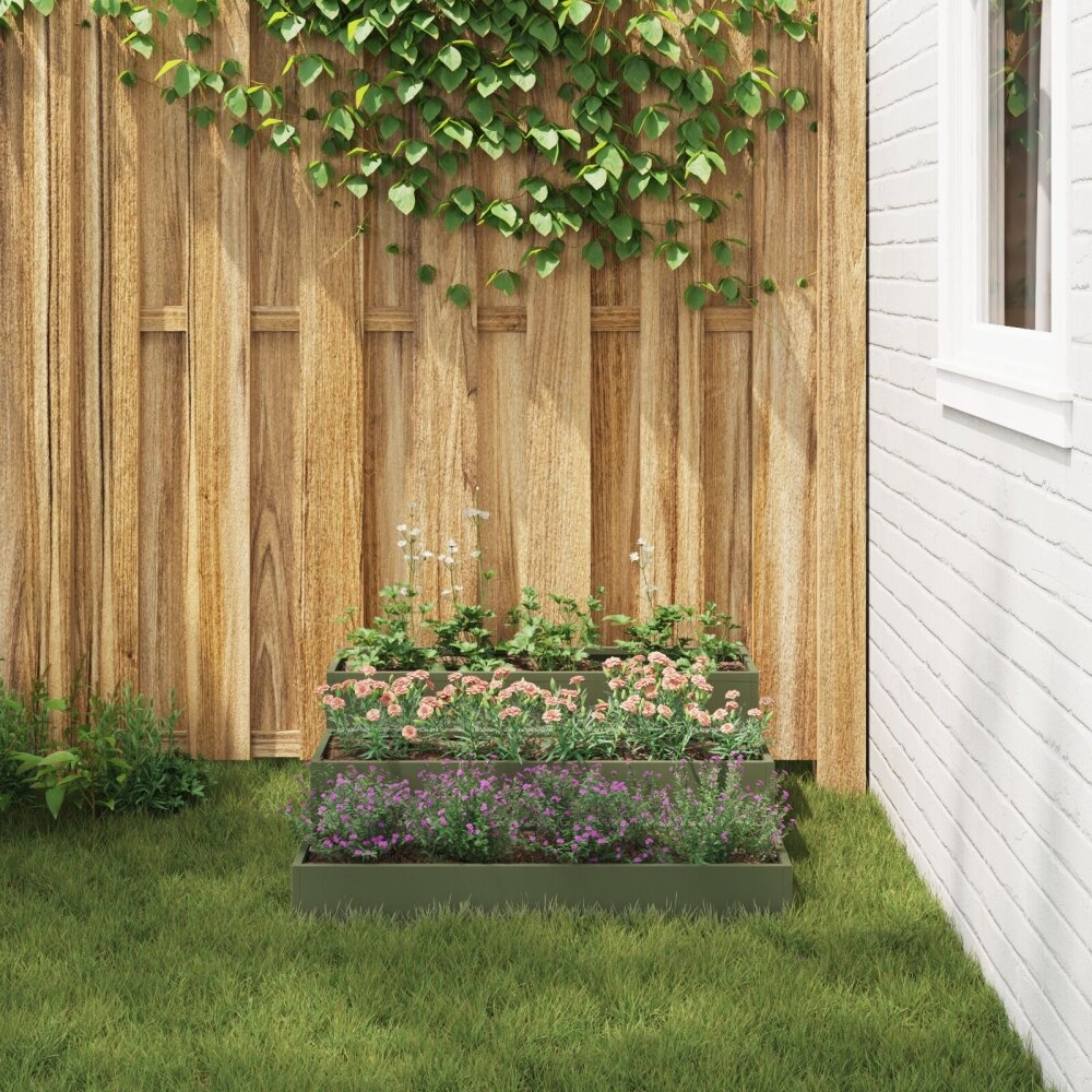 VidaXL Tuinplantenbak 3-Niveau 90x90x35 cm Olijfgroen Staal