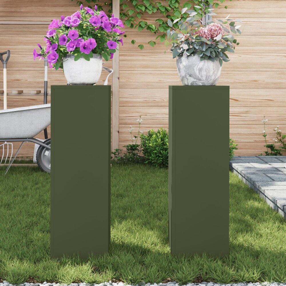 VidaXL Buitenplantenstandaarden Pilar 2 stuks Olijfgroen 24x24x75 cm Staal