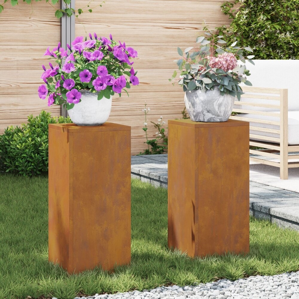 VidaXL Buitenkas Plantenstandaarden Pilaren 2 stuks 24x24x55 cm Weerbestendig Staal