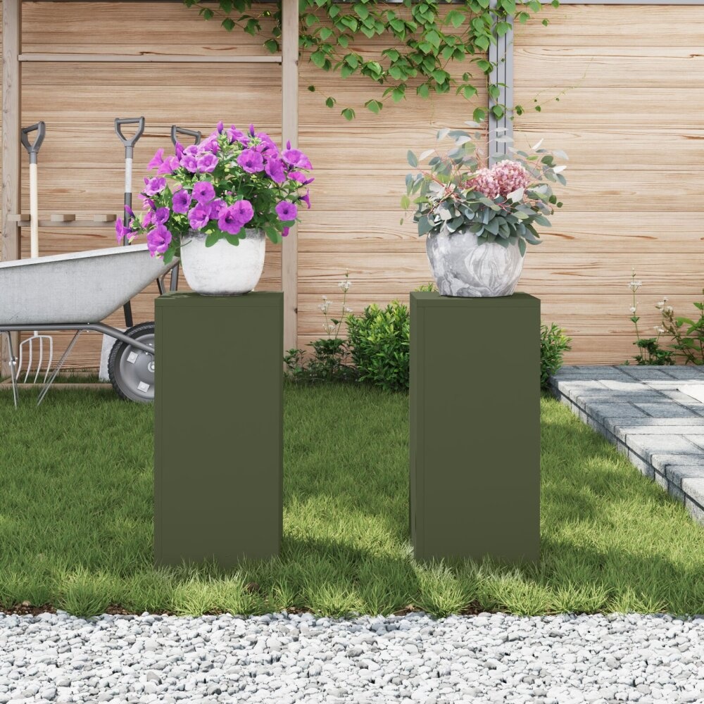 VidaXL Buiten Plantenstands Pilaren 2 stuks Olijfgroen 24x24x55 cm Staal
