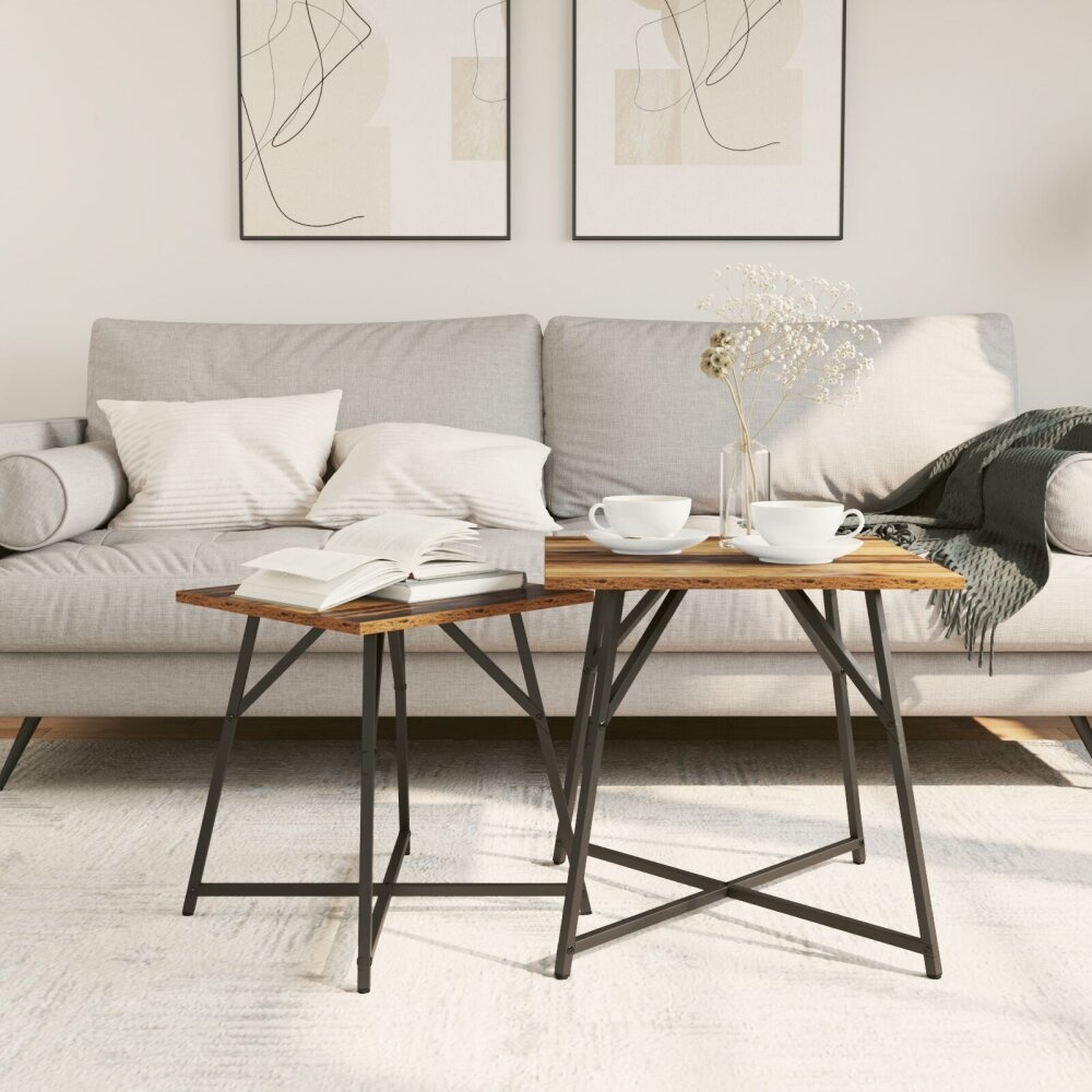 VidaXL Bijzettafel Set van 2 Oud Hout, Geengineerd Hout en Metaal