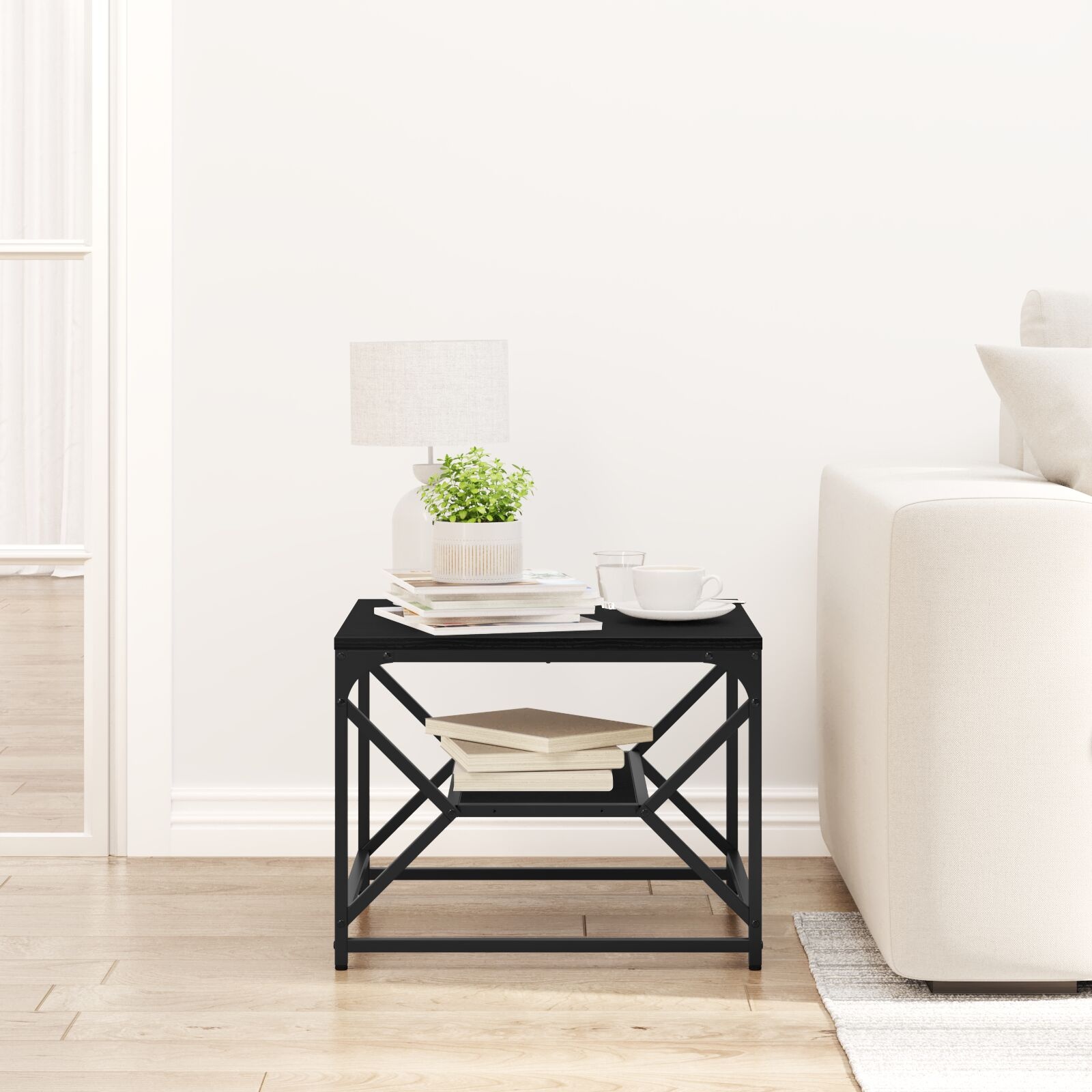 VidaXL Zwarte Eiken Salontafel met Plank, 51x50x40 cm, Gemaakt van Bewerkt Hout