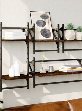 VidaXL 4-delige Wandschappenset met stangen bewerkt hout bruineiken