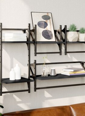 VidaXL 4-delige Wandschappenset met stangen bewerkt hout zwart