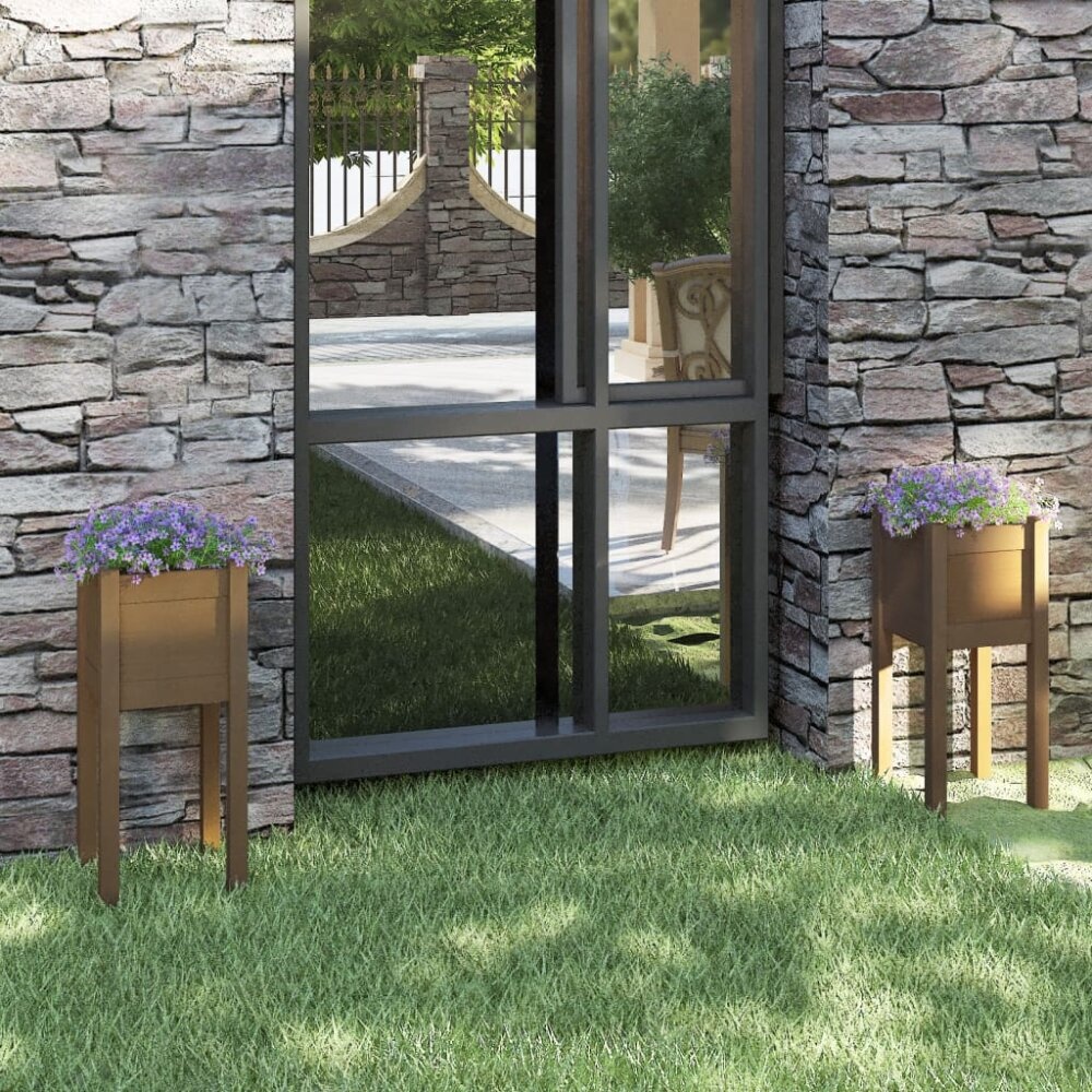 VidaXL Plantenbakken 2 st 31x31x70 cm massief grenenhout honingbruin