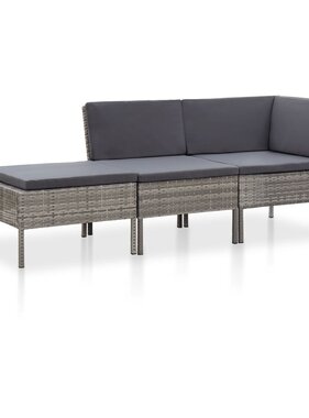 VidaXL 3-delige Loungeset met kussens poly rattan grijs