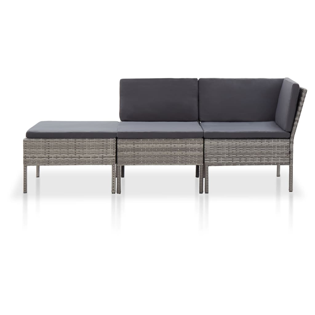 VidaXL 3-delige Loungeset met kussens poly rattan grijs