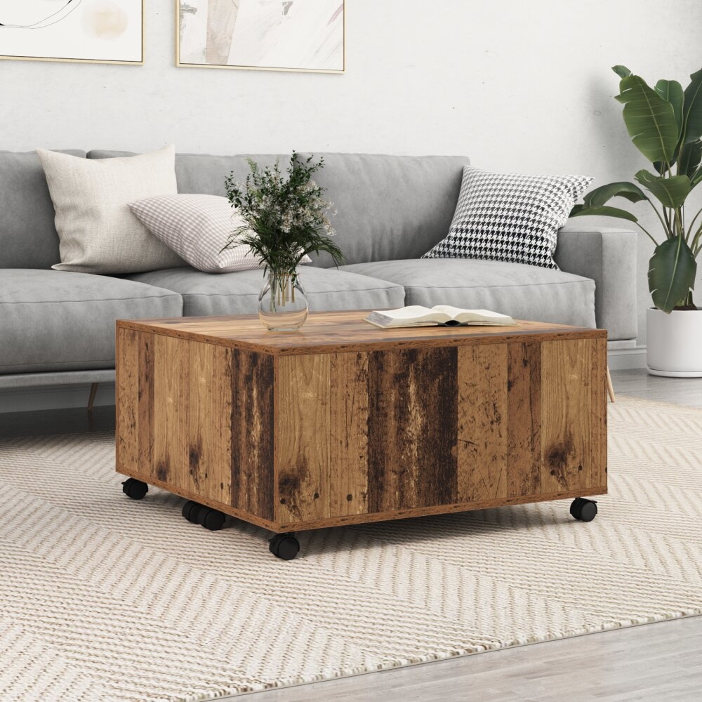 VidaXL Salontafel met wiel met opslag Oude hout 75 x 75 x 38 cm Bewerkt hout