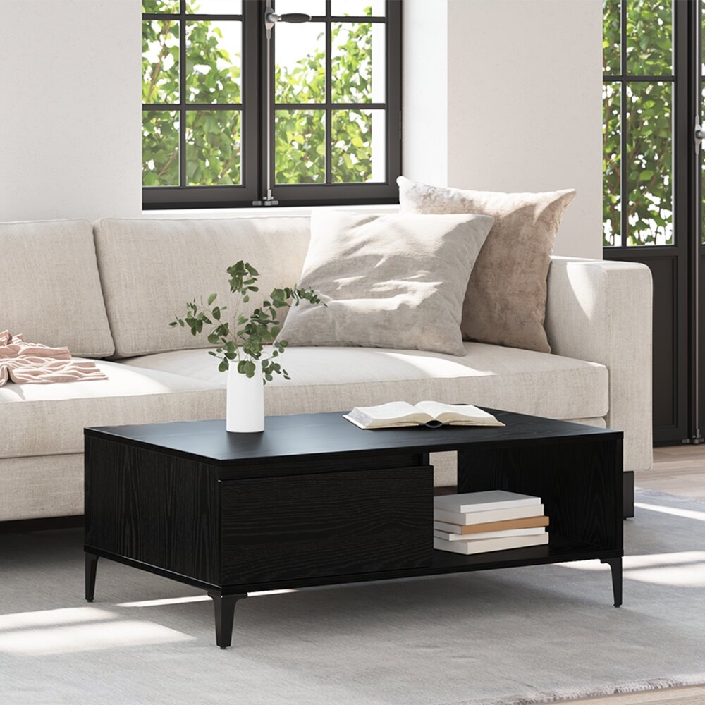 VidaXL Salontafel met plank met opslag met de deur Zwart eiken 90 x 60 x 35 cm Bewerkt hout