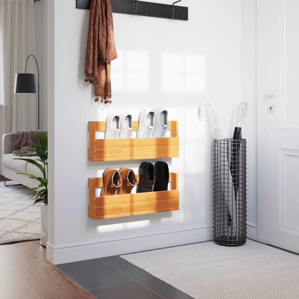 VidaXL Schoenenrekken 2 st 59x8,5x23,5 cm massief grenenhout wasbruin
