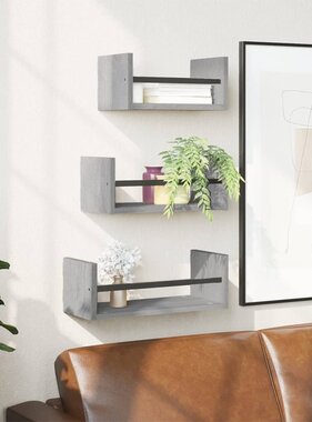 VidaXL 3-delige Wandschappenset met stangen bewerkt hout grijs sonoma