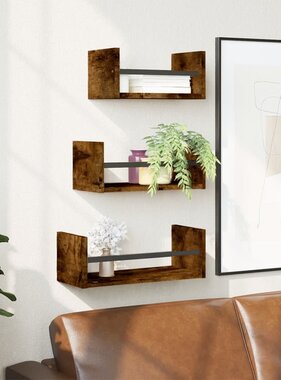 VidaXL 3-delige Wandschappenset met stangen bewerkt hout gerookt eiken