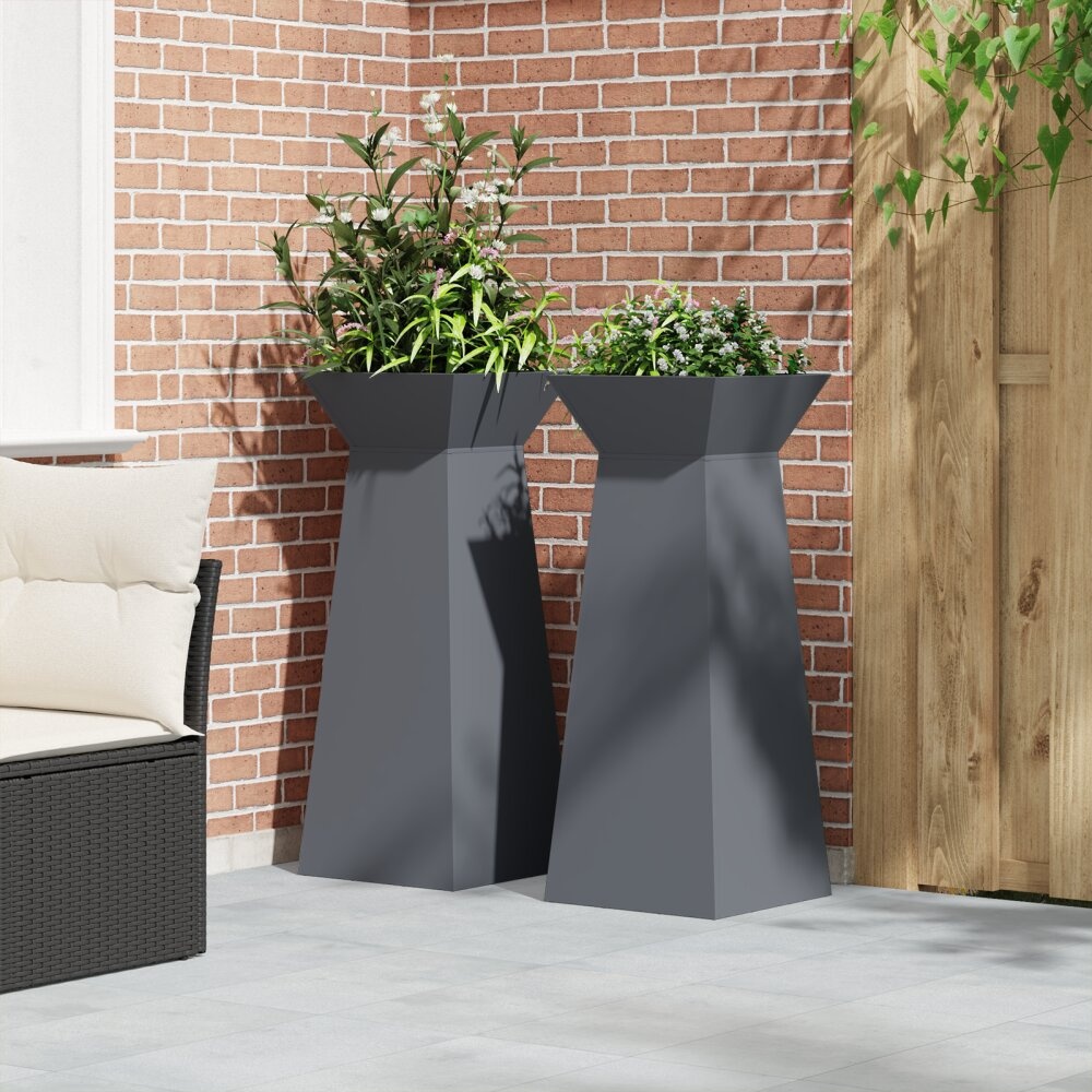 VidaXL Tuinpilaren Plantenbakken - 2 stuks met kom in antraciet - 40x40x100 cm - Staal
