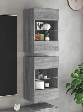 VidaXL Wandkasten met LED-verlichting voor tv 2 st 40x30x60,5 cm grijs sonoma eiken