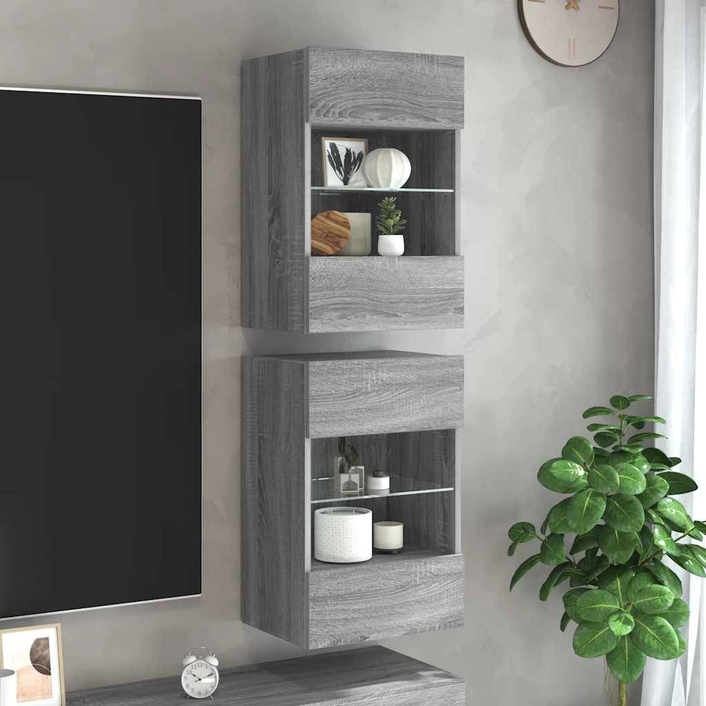 VidaXL Wandkasten met LED-verlichting voor tv 2 st 40x30x60,5 cm grijs sonoma eiken