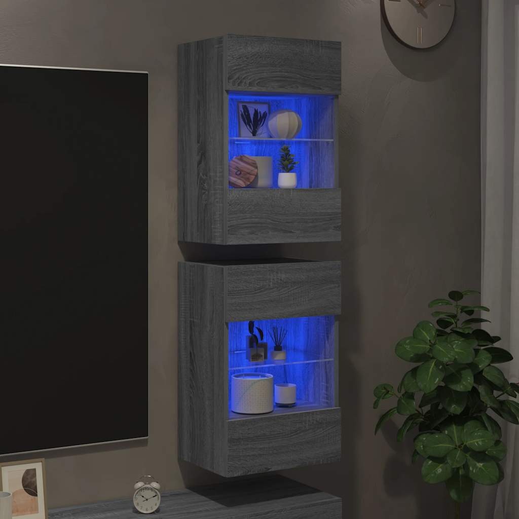 VidaXL Wandkasten met LED-verlichting voor tv 2 st 40x30x60,5 cm grijs sonoma eiken