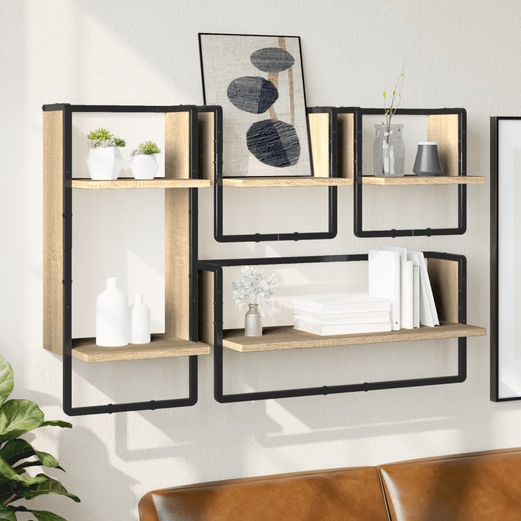 VidaXL 4-delige Wandschappenset met stangen bewerkt hout sonoma eiken